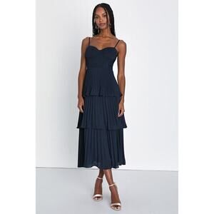 Lulus Cascading Crush Navy Blue Tiered Bustier Midi Dress - Size XL